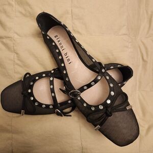 Gianni Bini Rayna Black Mesh Rhinestone Studded Flats Mary Jane Bow